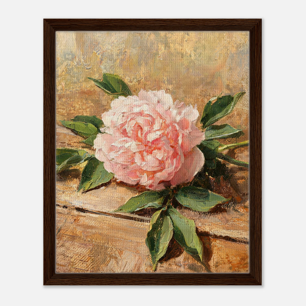 Single Pink Peony on Rustic Wood Impressionist Art Print