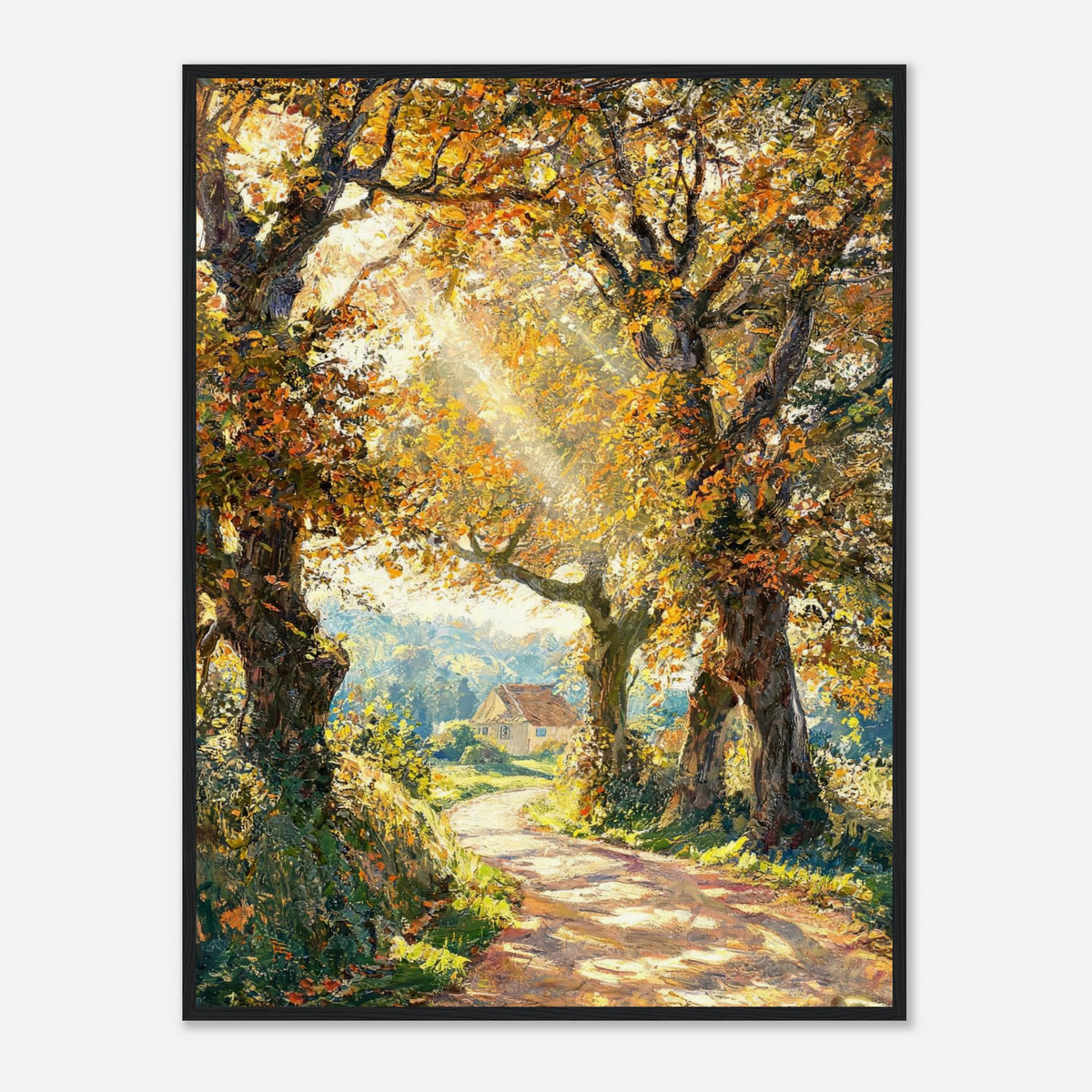 Sunlit Autumn Forest Path Impressionist Art Print