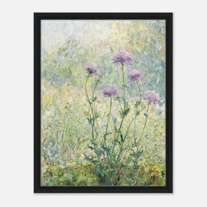Impressionist art print from Vintstep depicting delicate wild purple flowers on slender stems in a sunlit meadow with textured brushstrokes.