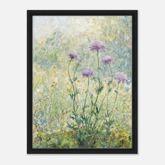 Impressionist art print from Vintstep depicting delicate wild purple flowers on slender stems in a sunlit meadow with textured brushstrokes.