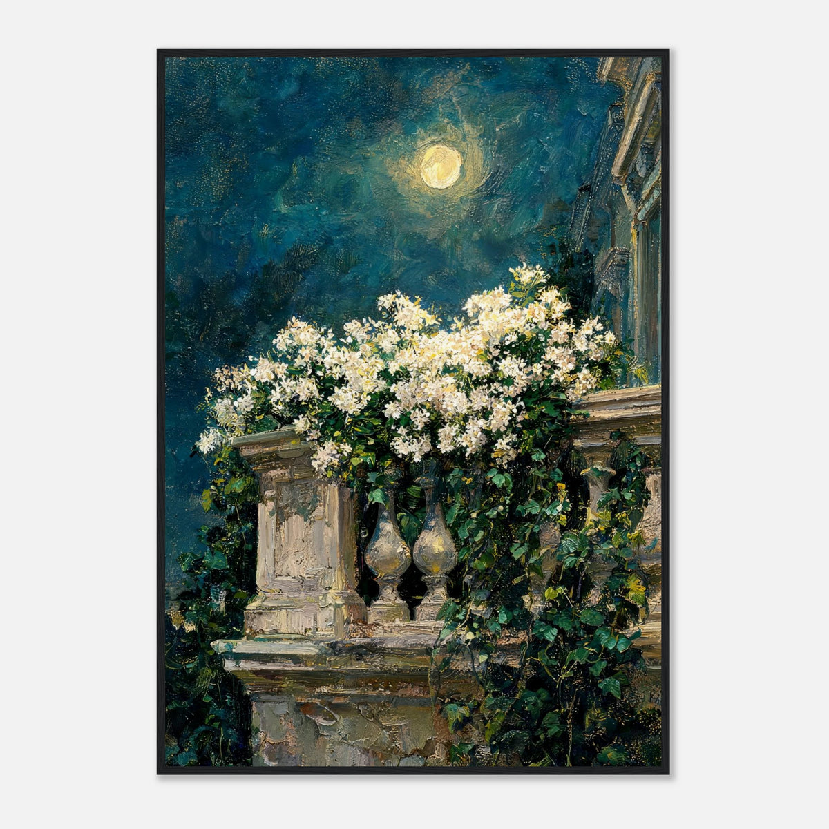 Moonlit White Blossoms Balcony Impressionist Art Print