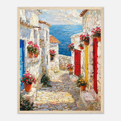 Framed Mediterranean Coastal Alleyway Art Print | Village Seascape Wall Decor