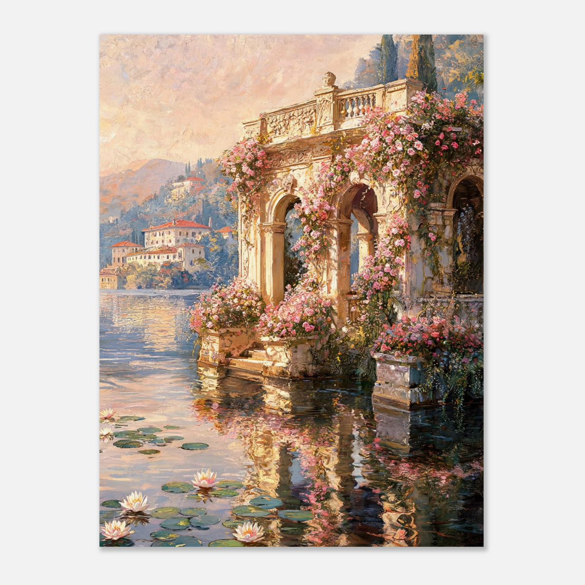 Sunlit Lakeside Villa & Roses Impressionist Art Print