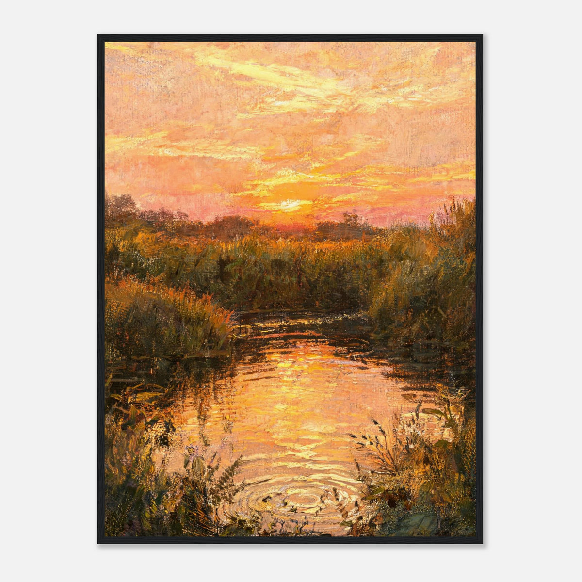 Golden Sunset over River Reflection Impressionist Art Print