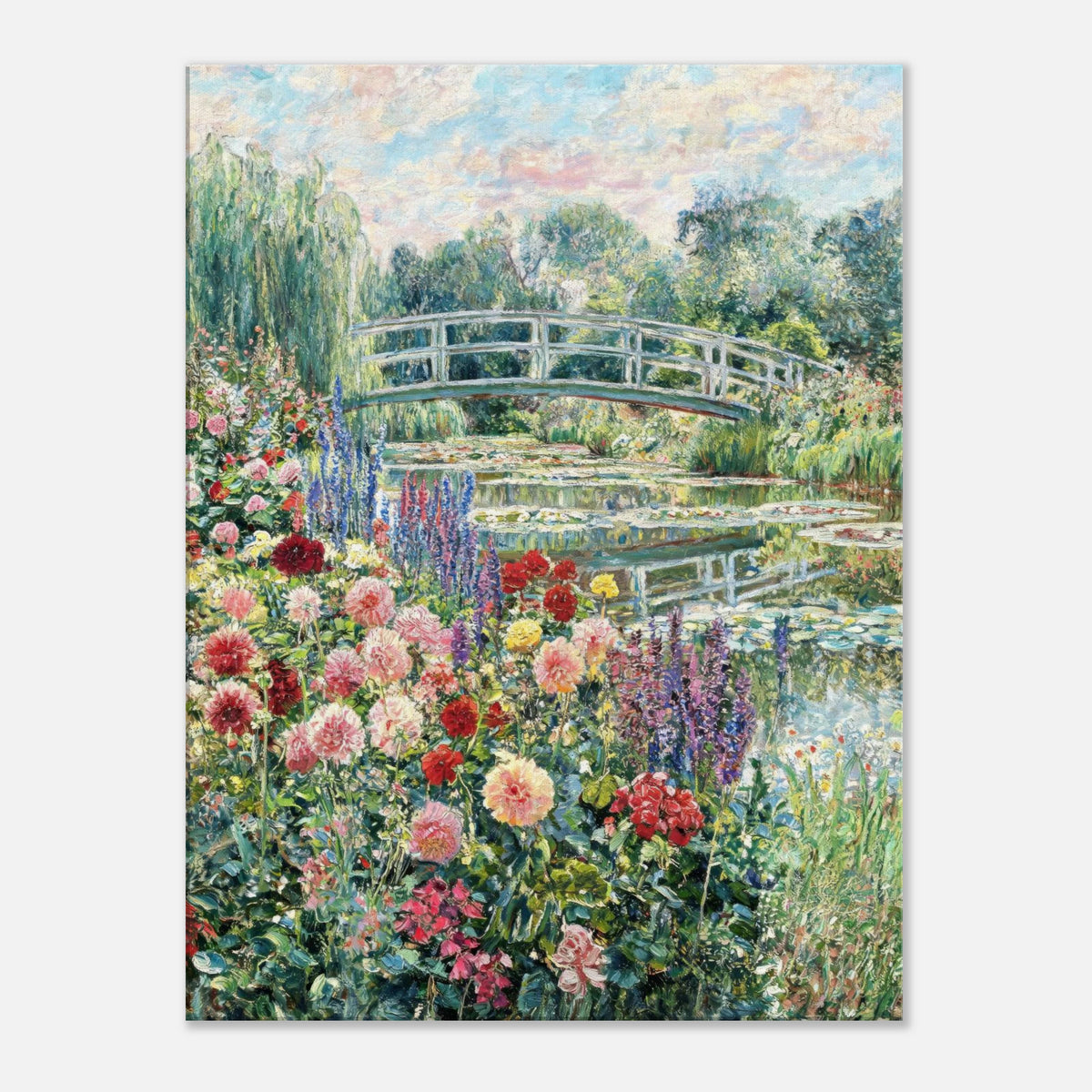 Blooming Summer Garden & Japanese Bridge Impressionist Art Print