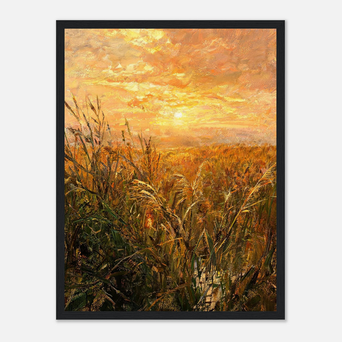 Golden Grass Field at Sunset Impressionist Art Print