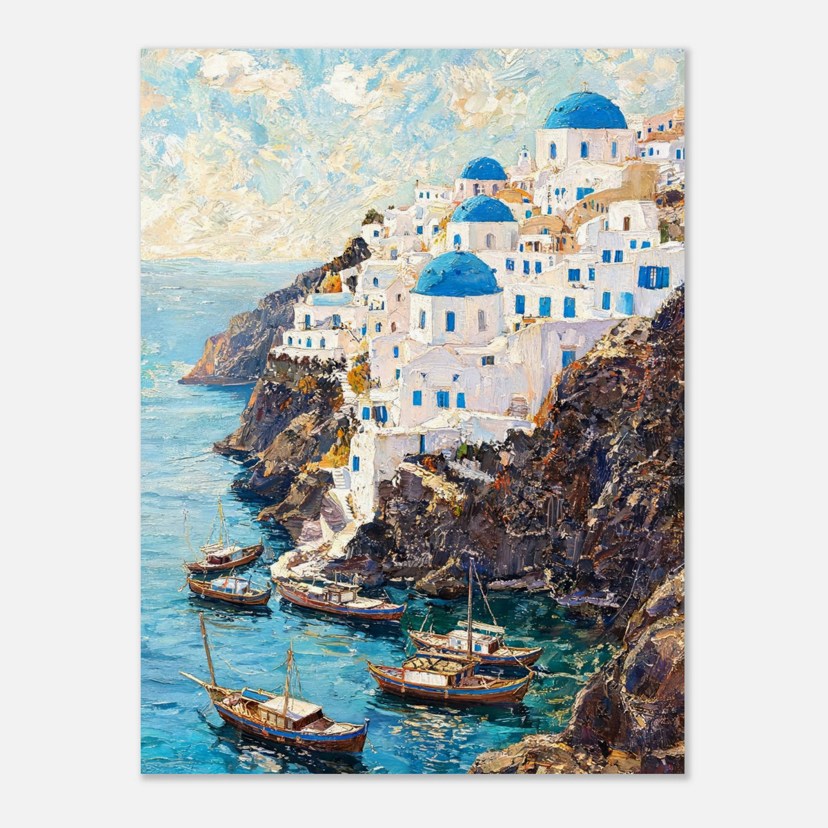 Santorini Cliffside Village & Boats Impressionist Art Print