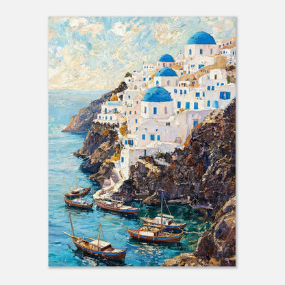 Santorini Cliffside Village & Boats Impressionist Art Print