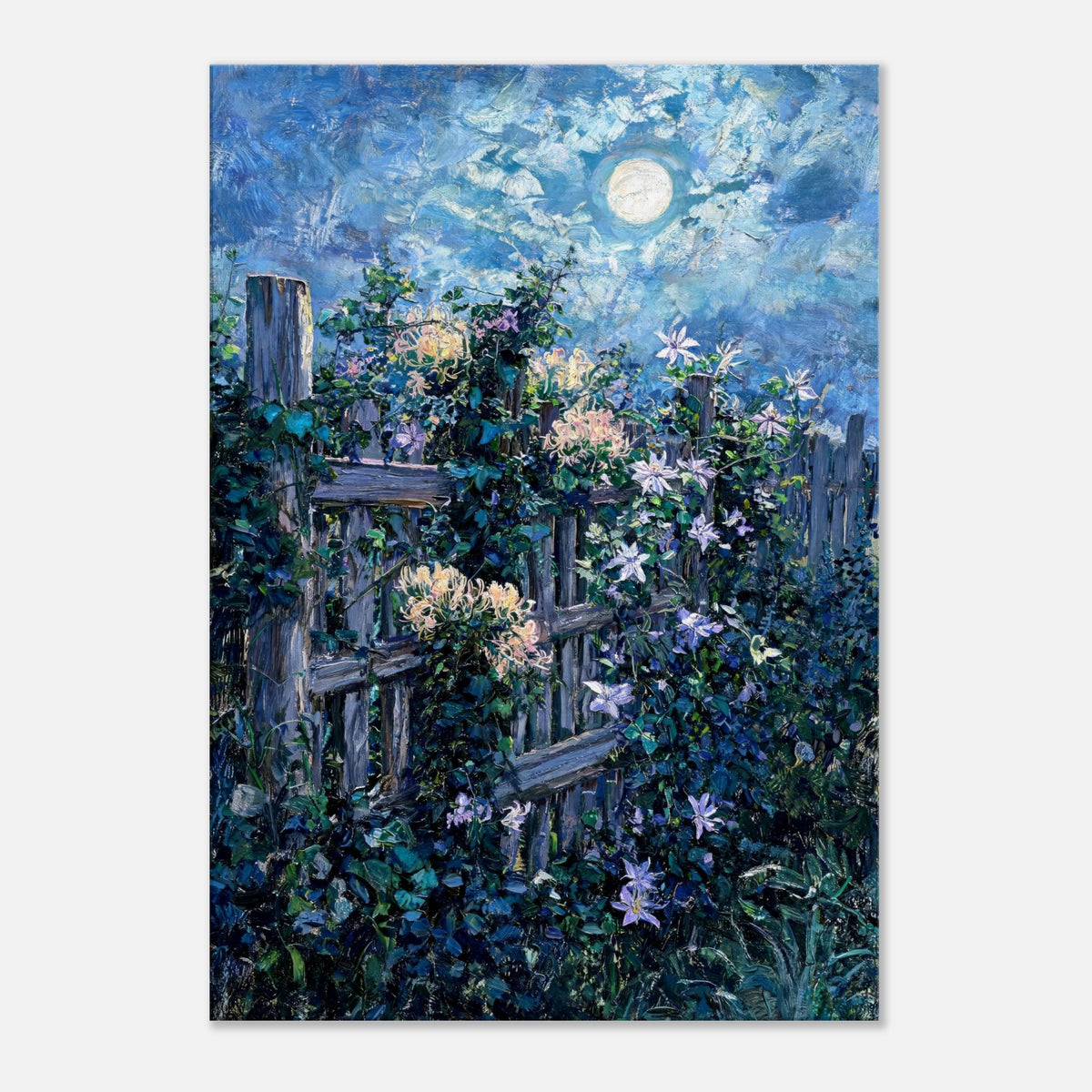 Moonlit Garden Fence Flowers Impressionist Art Print