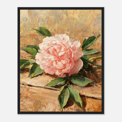 Single Pink Peony on Rustic Wood Impressionist Art Print