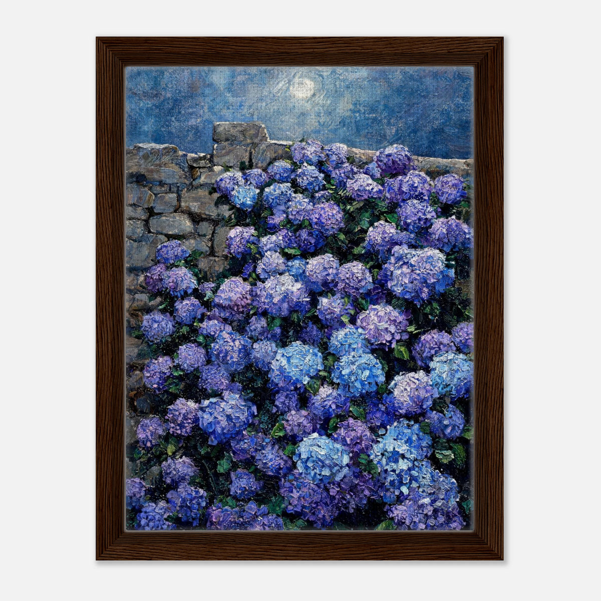 Moonlit Blue Hydrangeas by Stone Wall Impressionist Art Print