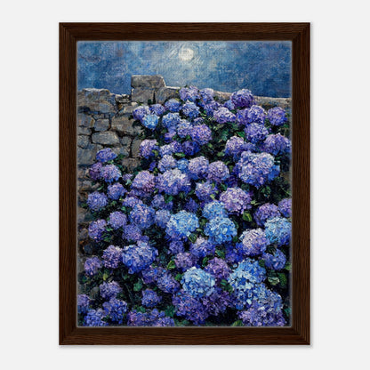 Moonlit Blue Hydrangeas by Stone Wall Impressionist Art Print