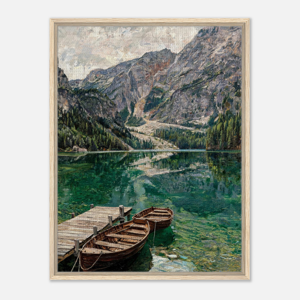 Wooden Boats on Alpine Lake Impressionist Art Print