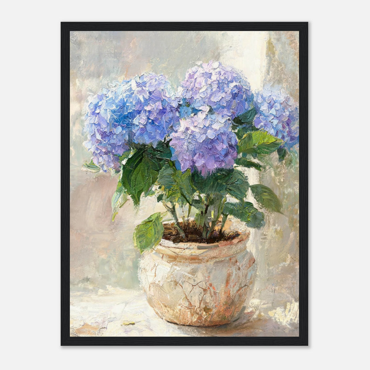 Blue Hydrangeas in Rustic Pot Impressionist Art Print