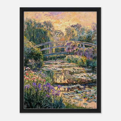 Impressionist art print from Vintstep depicting a Japanese bridge over a water lily pond at sunset, surrounded by blooming purple irises and glowing golden light.