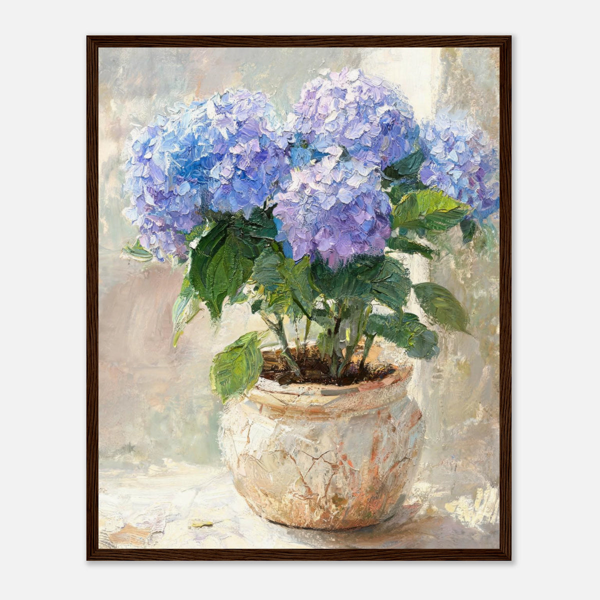 Blue Hydrangeas in Rustic Pot Impressionist Art Print