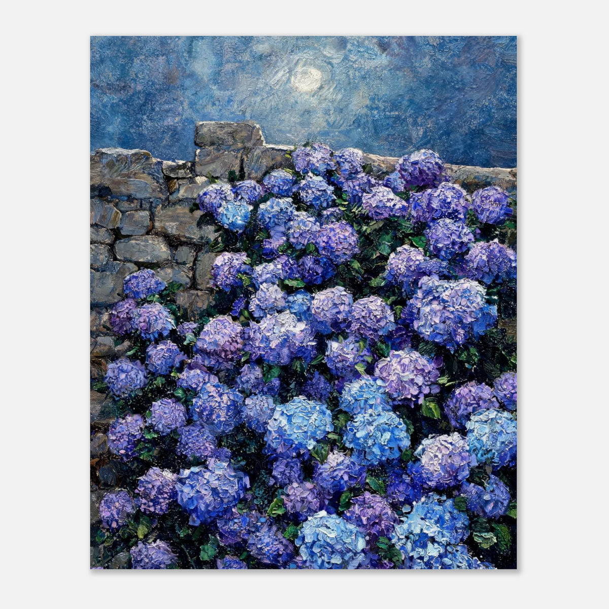 Moonlit Blue Hydrangeas by Stone Wall Impressionist Art Print