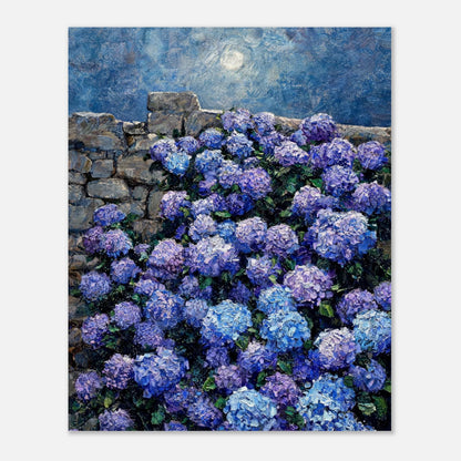 Moonlit Blue Hydrangeas by Stone Wall Impressionist Art Print