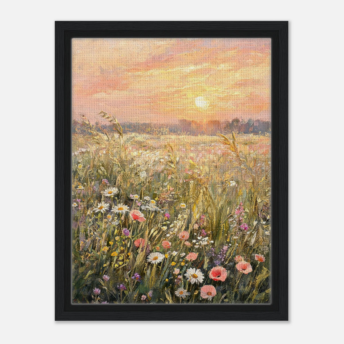 Golden Sunset Meadow & Wildflowers Impressionist Art Print