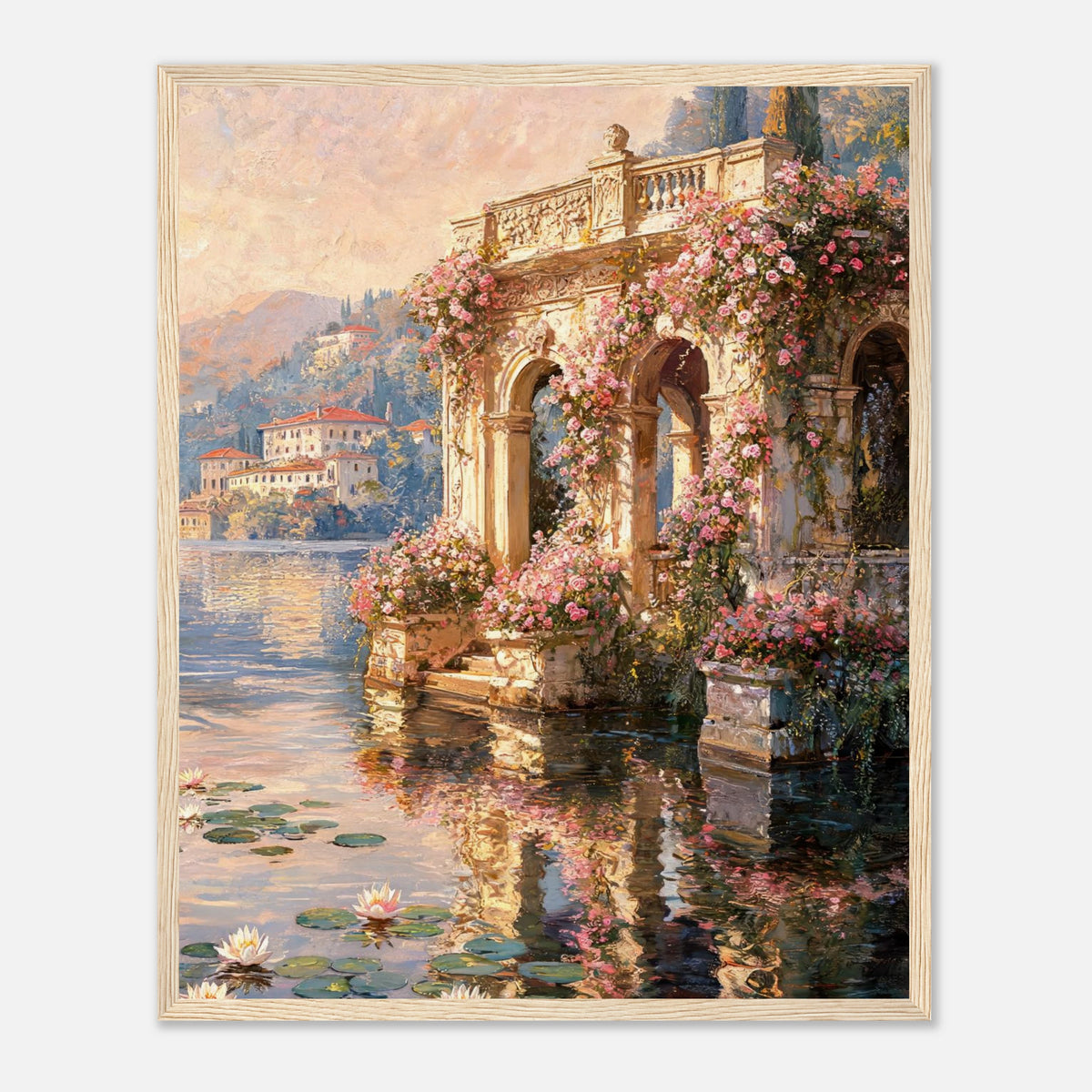 Sunlit Lakeside Villa & Roses Impressionist Art Print