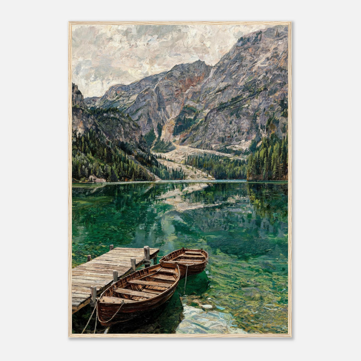 Wooden Boats on Alpine Lake Impressionist Art Print