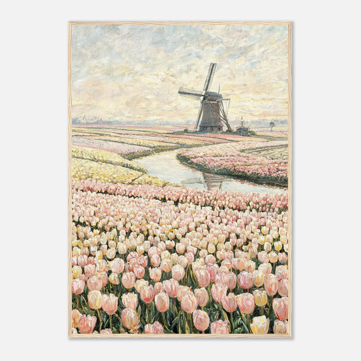 Dutch Tulip Fields & Windmill Impressionist Art Print