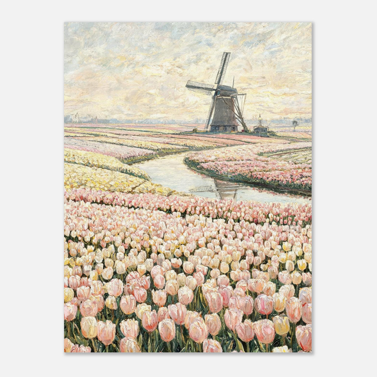 Dutch Tulip Fields & Windmill Impressionist Art Print