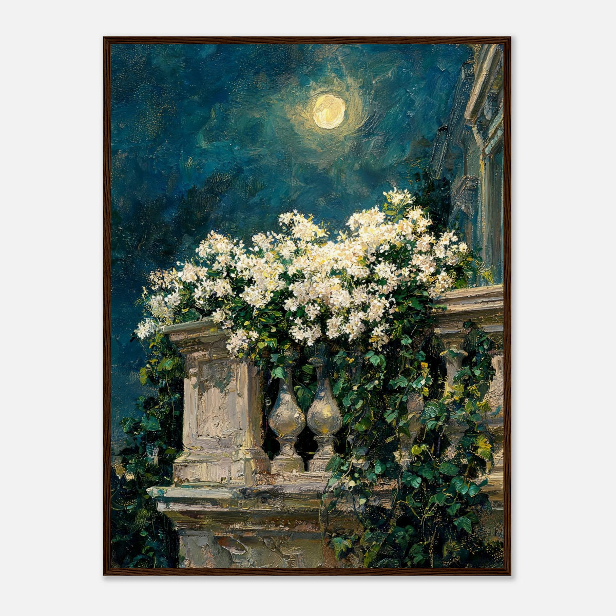 Moonlit White Blossoms Balcony Impressionist Art Print