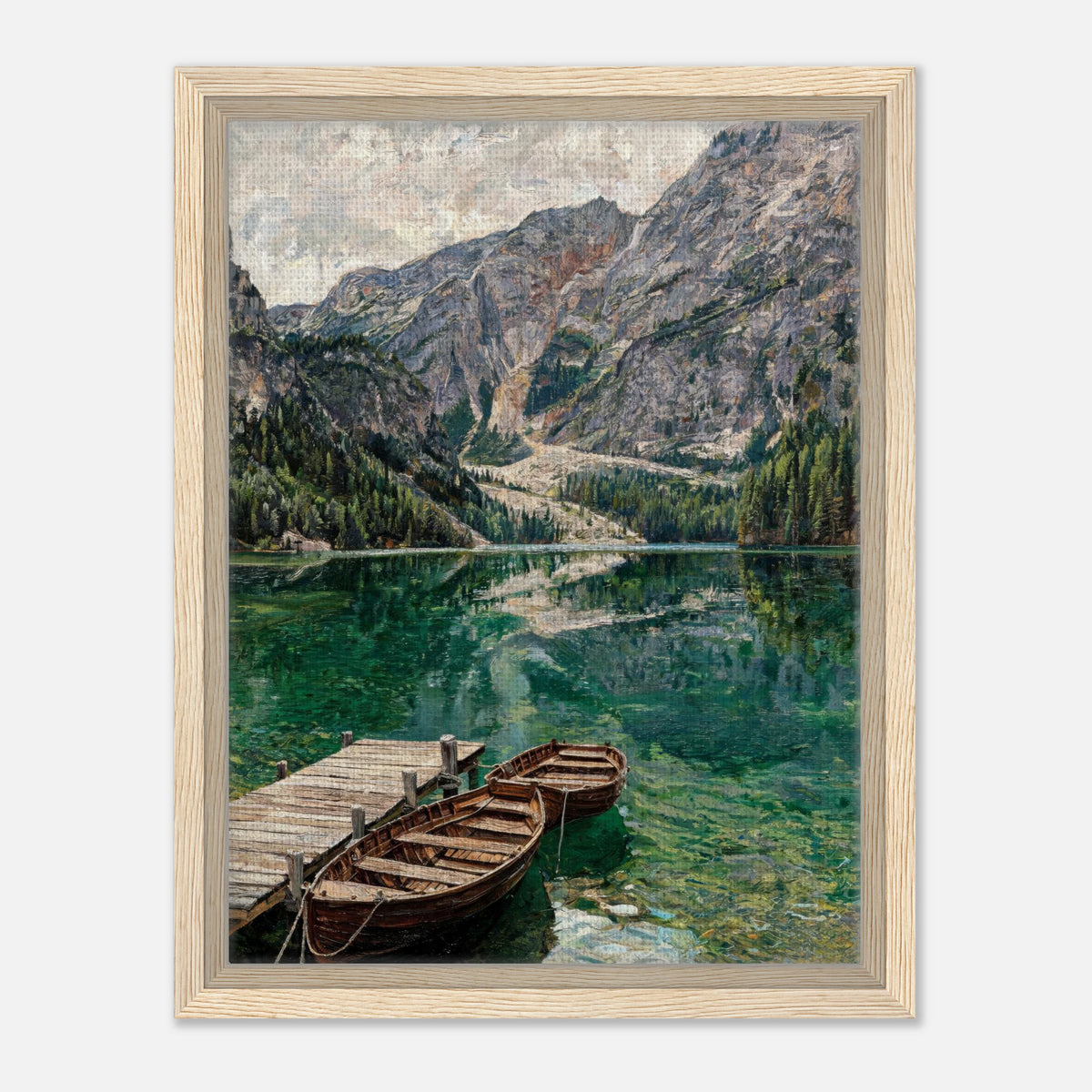 Wooden Boats on Alpine Lake Impressionist Art Print