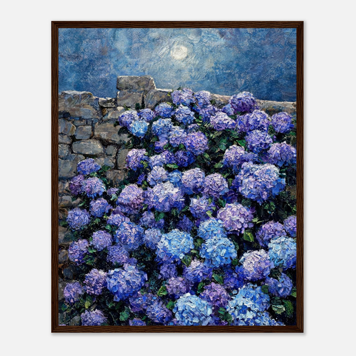 Moonlit Blue Hydrangeas by Stone Wall Impressionist Art Print