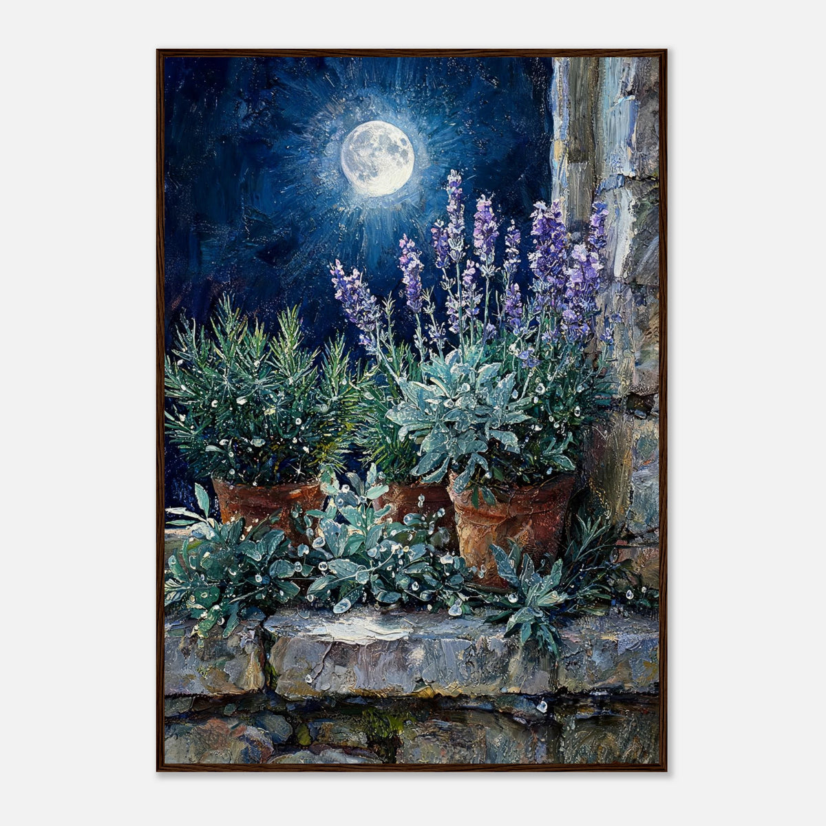 Moonlit Potted Lavender by Stone Window Impressionist Art Print