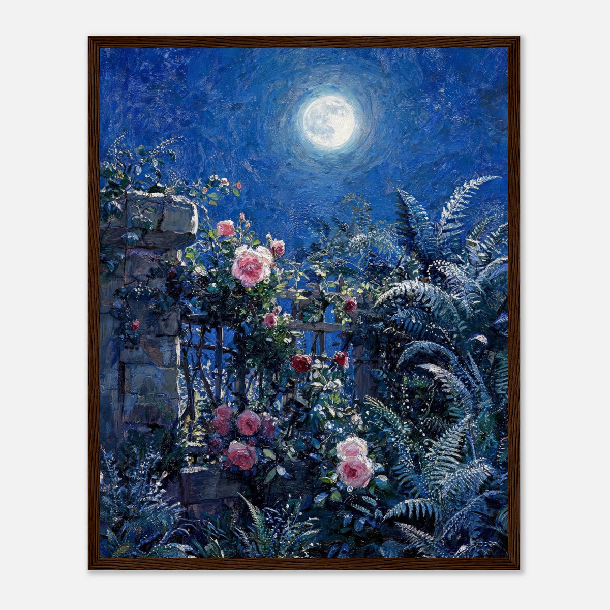 Moonlit Rose Garden and Stone Wall Impressionist Art Print