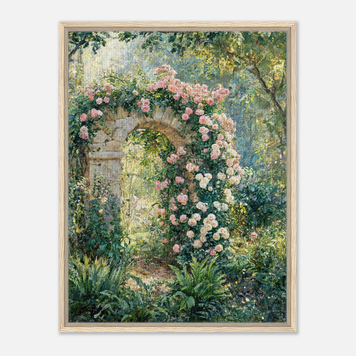 Rose-Covered Stone Arch & Sunlit Garden Impressionist Art Print