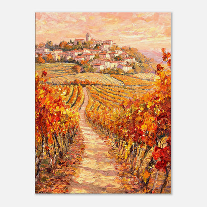 Autumn Vineyard Path Hilltop Village Impressionist Art Print