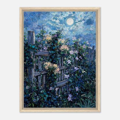 Moonlit Garden Fence Flowers Impressionist Art Print