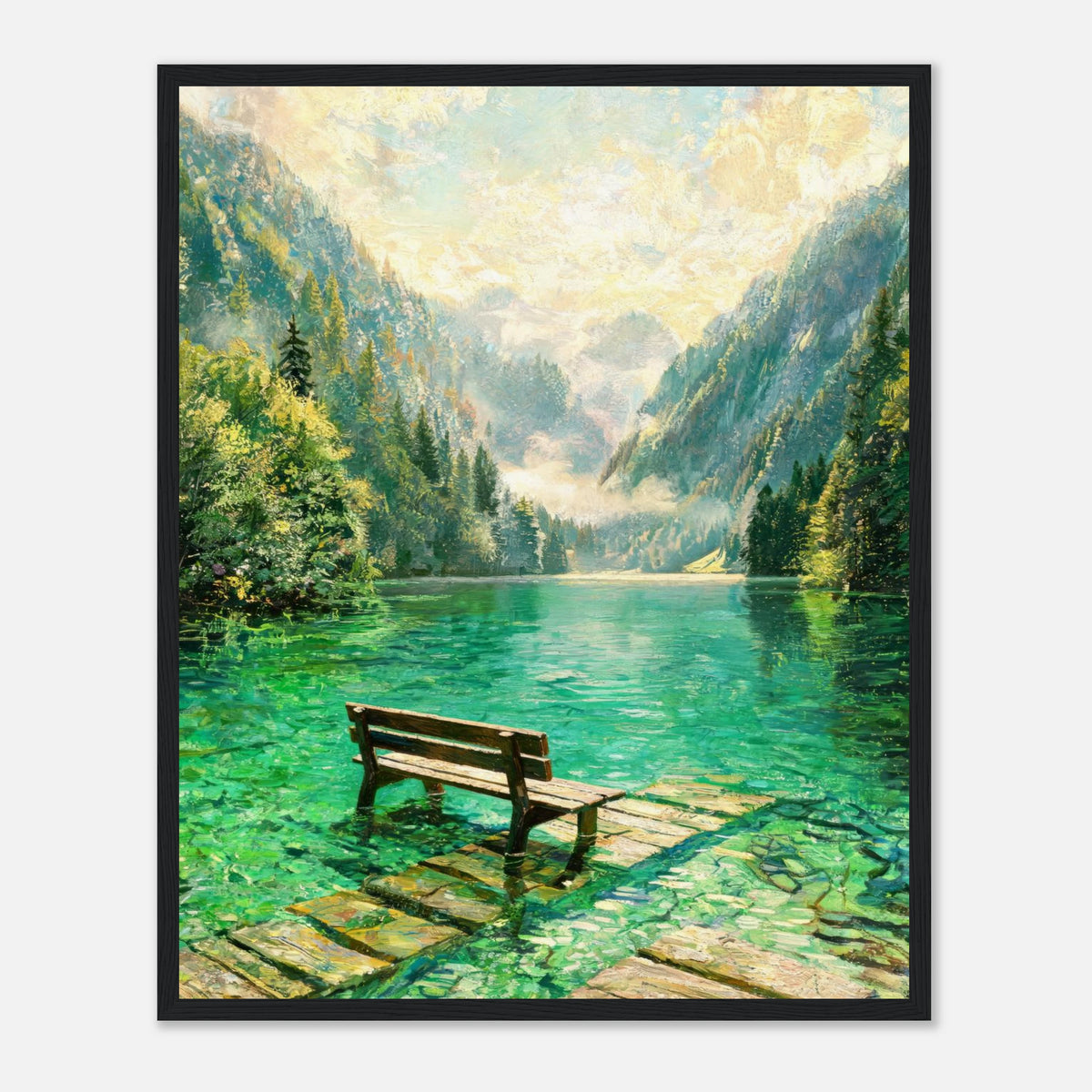 Mountain Lake Pier and Wooden Bench Impressionist Art Print