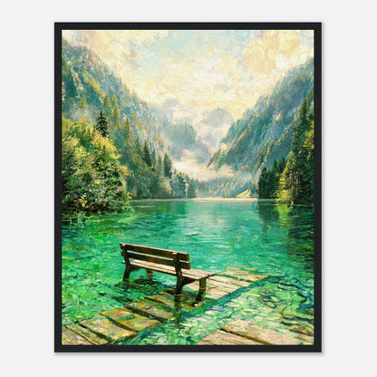Mountain Lake Pier and Wooden Bench Impressionist Art Print