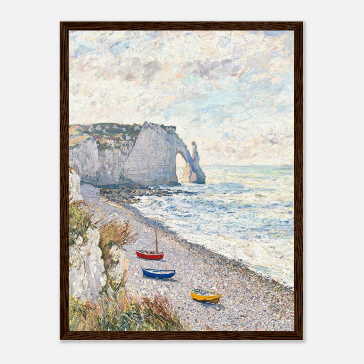 Coastal Cliff & Colorful Boats Impressionist Art Print