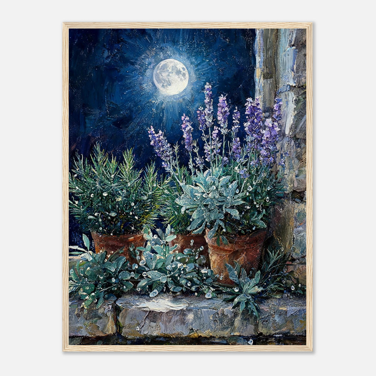 Moonlit Potted Lavender by Stone Window Impressionist Art Print