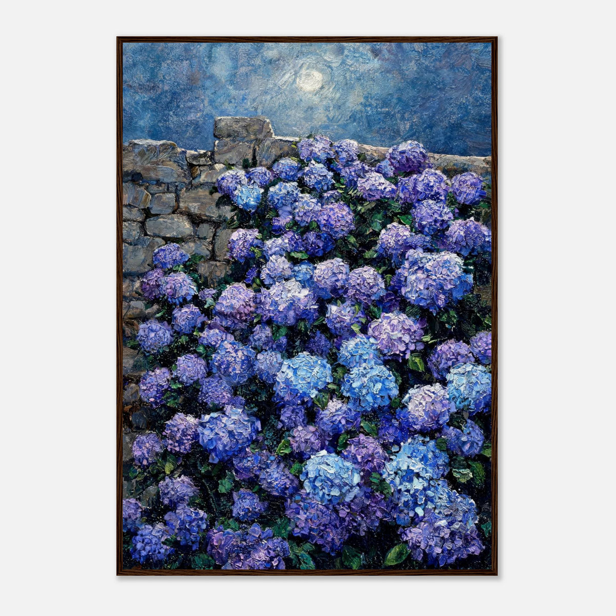 Moonlit Blue Hydrangeas by Stone Wall Impressionist Art Print