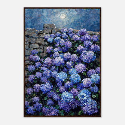 Moonlit Blue Hydrangeas by Stone Wall Impressionist Art Print