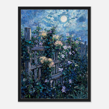 Moonlit Garden Fence Flowers Impressionist Art Print