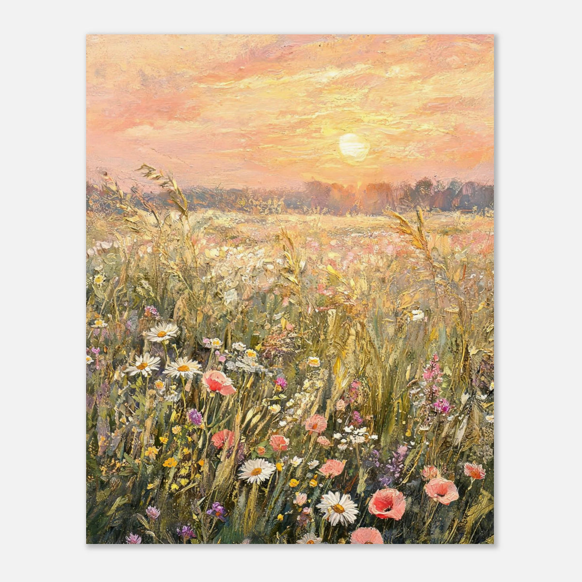 Golden Sunset Meadow & Wildflowers Impressionist Art Print
