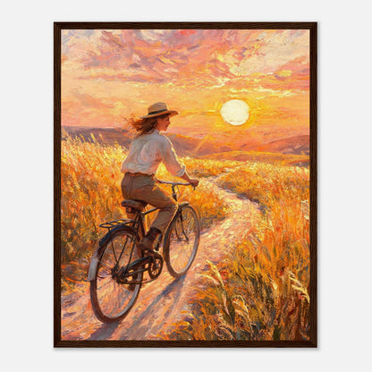 Cycling Through Golden Fields at Sunset Impressionist Art Print