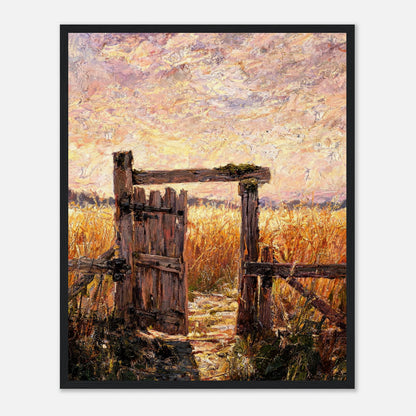 Wooden framed fine art print featuring an impressionist oil painting of an old wooden gate and sunset fields. Black wood frame.
