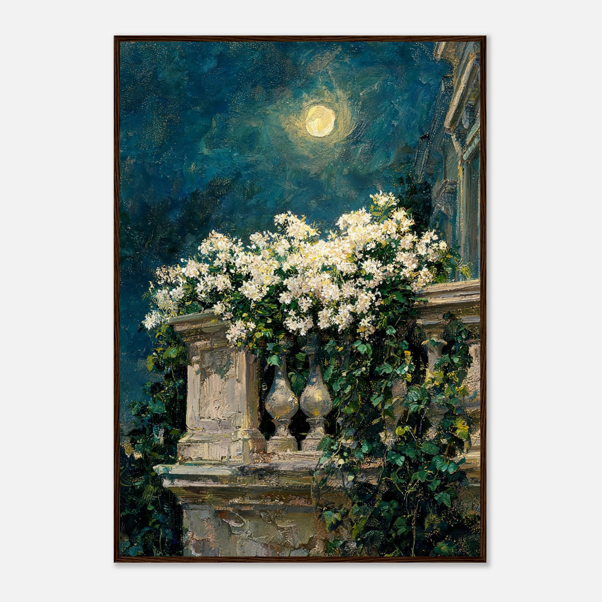 Moonlit White Blossoms Balcony Impressionist Art Print