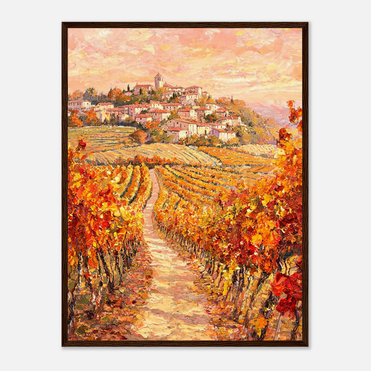Impressionist oil painting print from Vintstep depicting a dirt path through golden autumn vineyards leading to a historic village on a hill under a peach sunset sky.