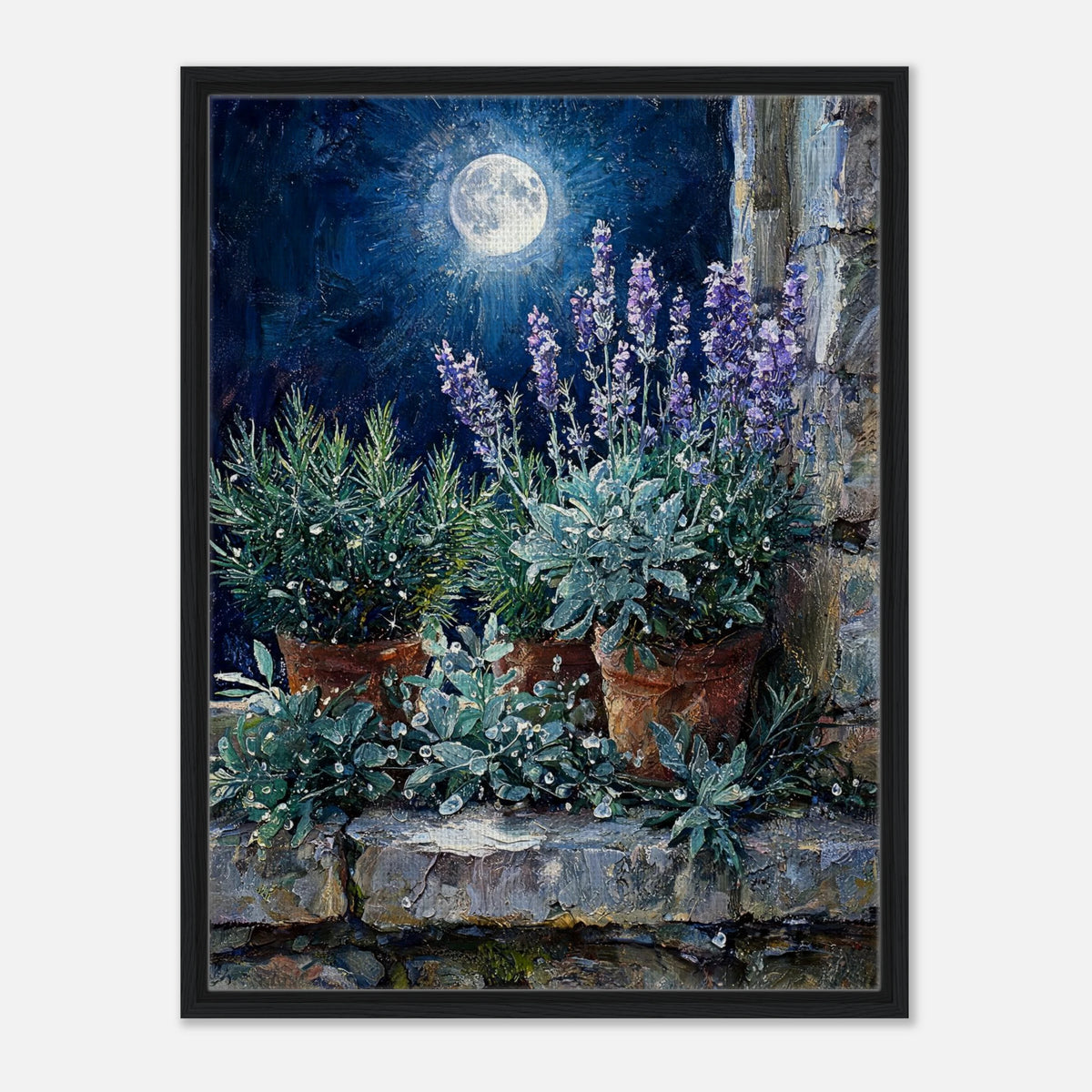 Moonlit Potted Lavender by Stone Window Impressionist Art Print
