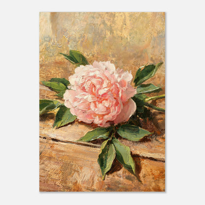 Single Pink Peony on Rustic Wood Impressionist Art Print