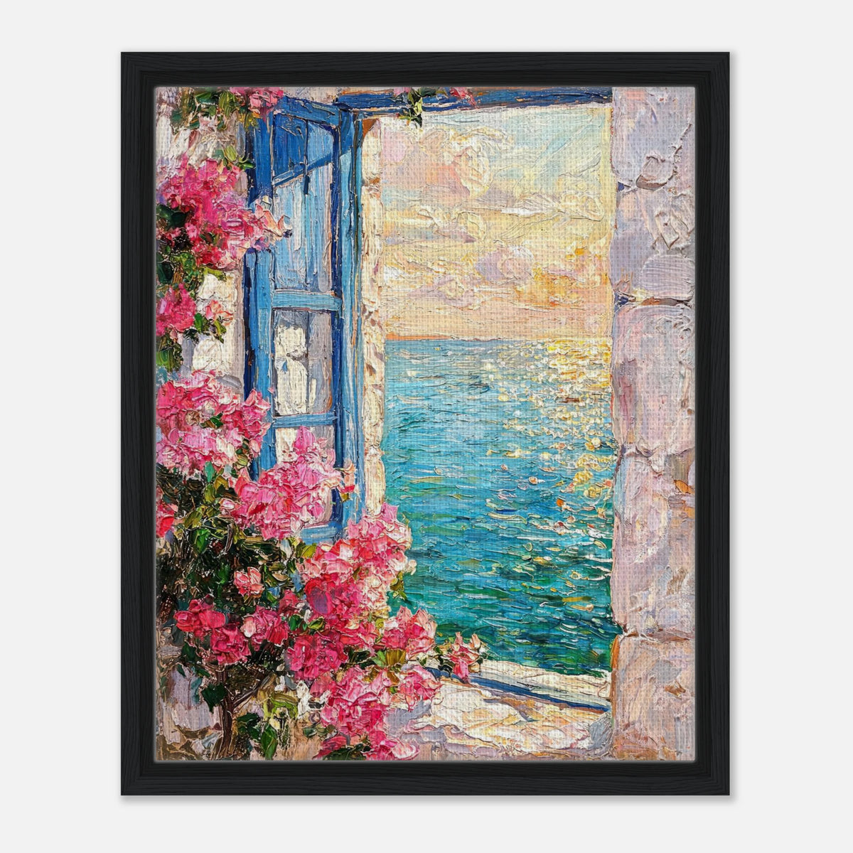 Framed Mediterranean Sea View Through Blue Window Canvas Wall Art | Coastal Decor